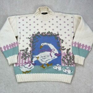 South Wool Vintage Hand Knit Pure Virgin Wool Sweater Women Medium Rabbit Geese